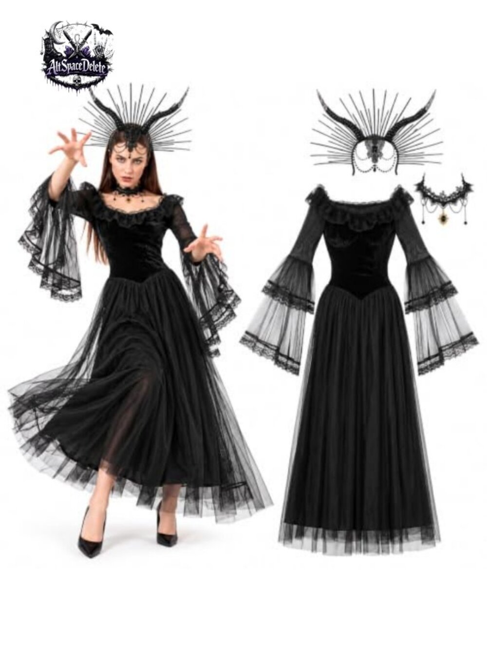 Gothic Bride Costume 3 Piece Victorian Gown Mesh Sleeves Adult Halloween